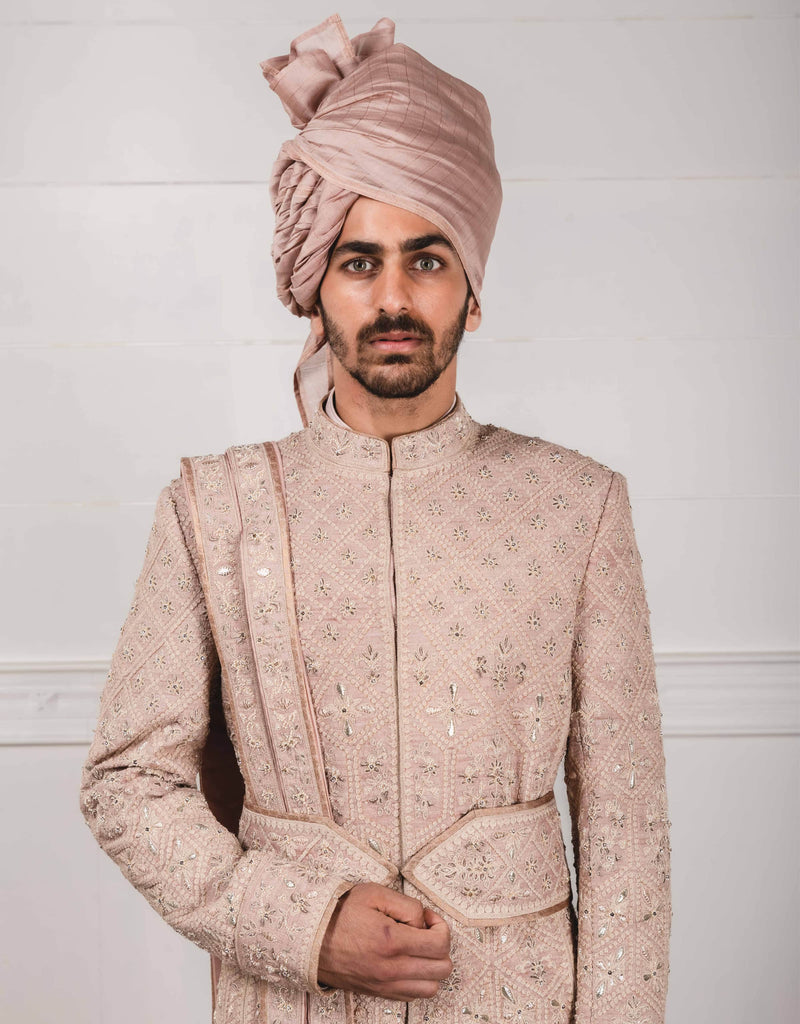 Rose Pink Sherwani In Matka Silk Fabric