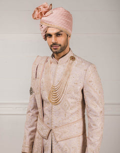 Peach Sherwani In Raw Silk Fabric