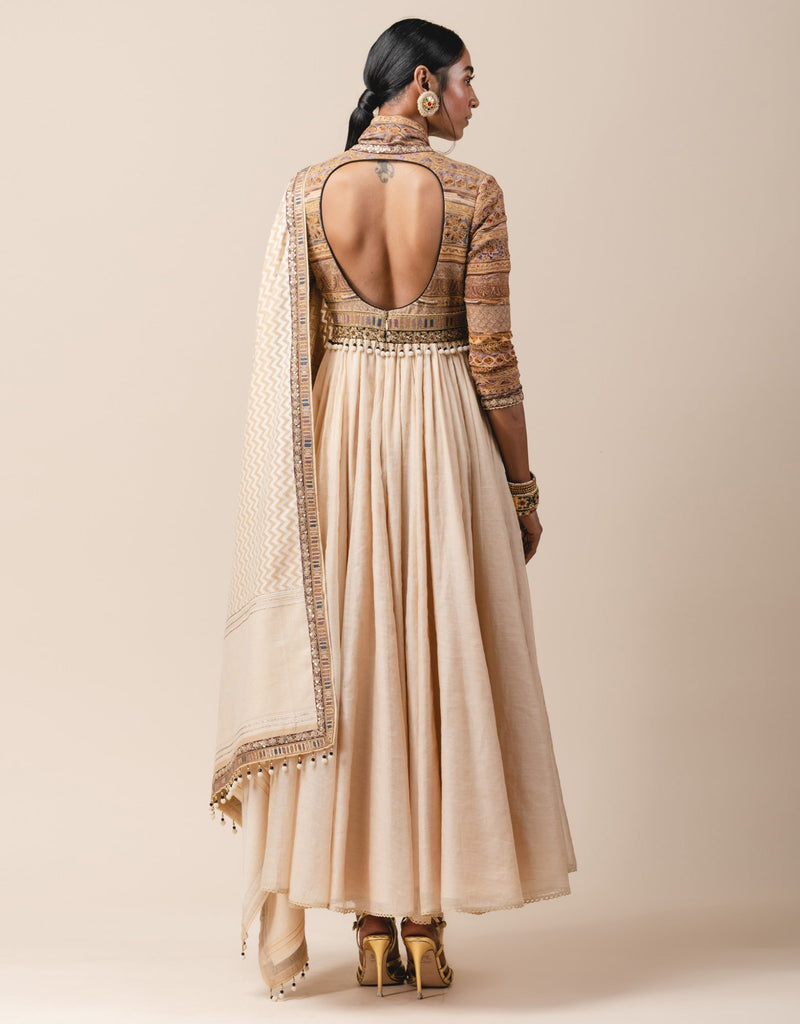 Anarkali Kurta In Zari Chanderi With Printed Bodice